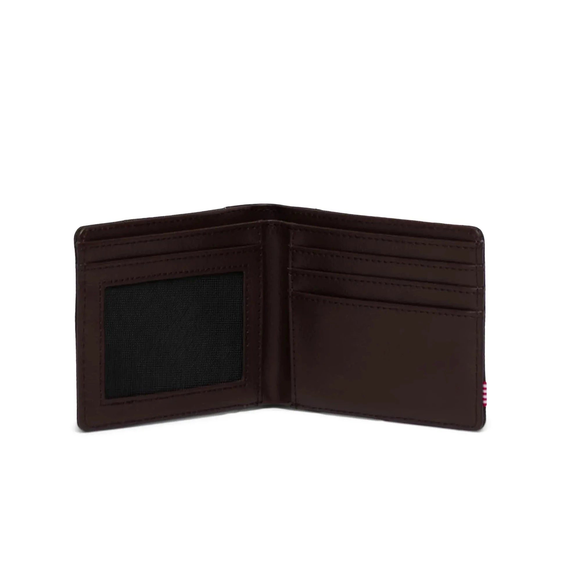 A Herschel Hank wallet in Ivy Green and Chicory Coffee colors with a visible brand label, multiple card slots, and a brown faux leather interior.