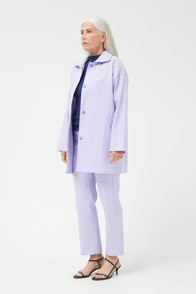 purple gingham neoprene trench coat suit
