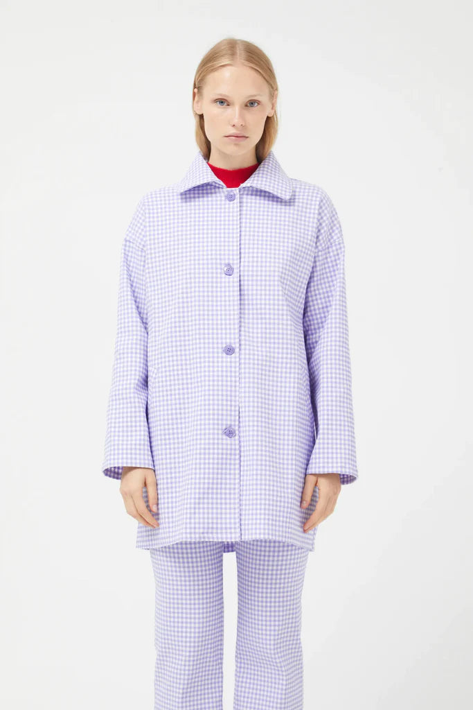 purple gingham neoprene trench coat suit