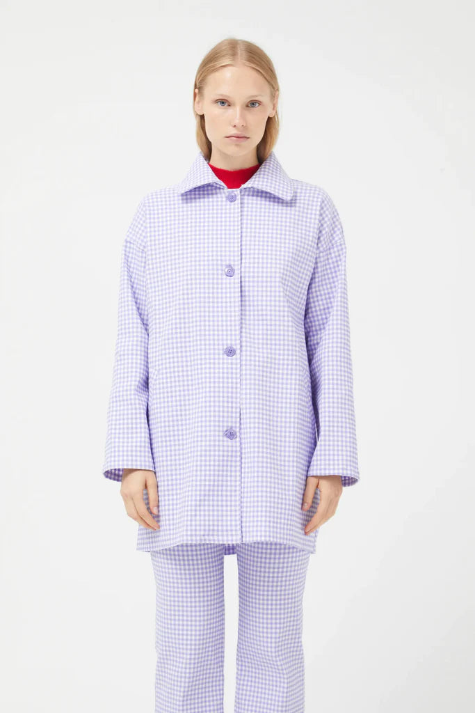 Compania Fantastica Straight lilac gingham check pants & Lilac gingham neoprene trench coat