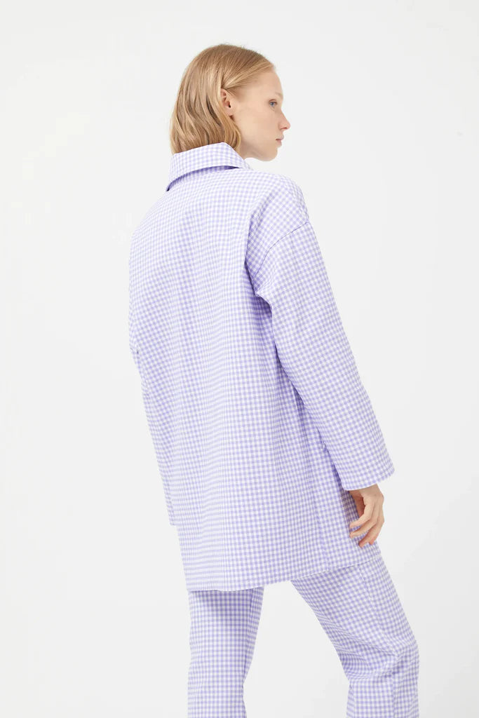 purple gingham neoprene trench coat suit