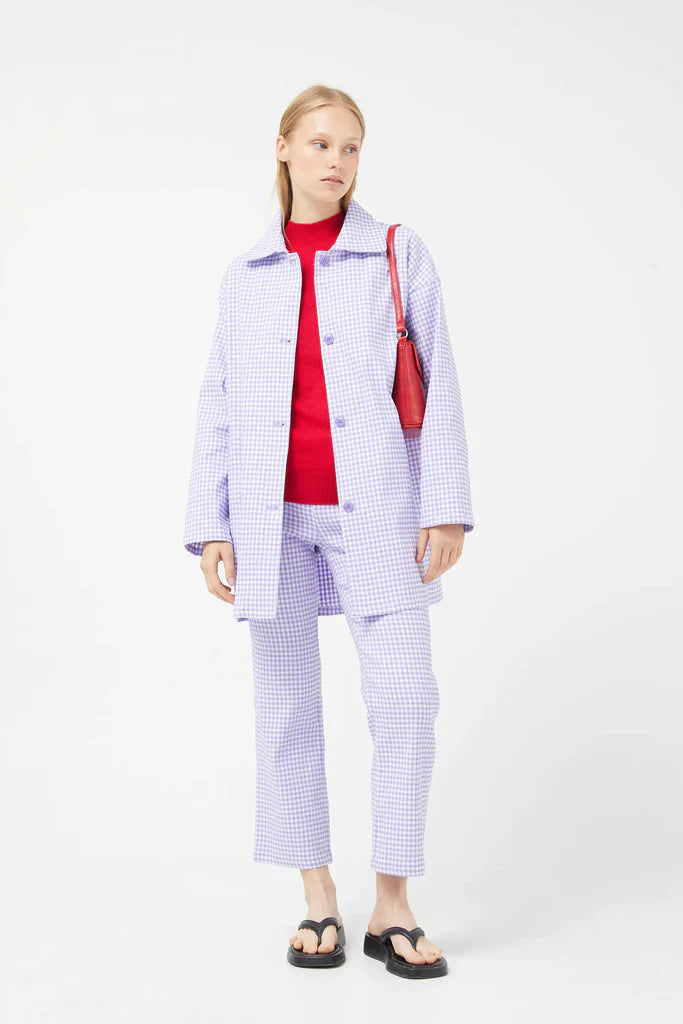 purple gingham neoprene trench coat suit