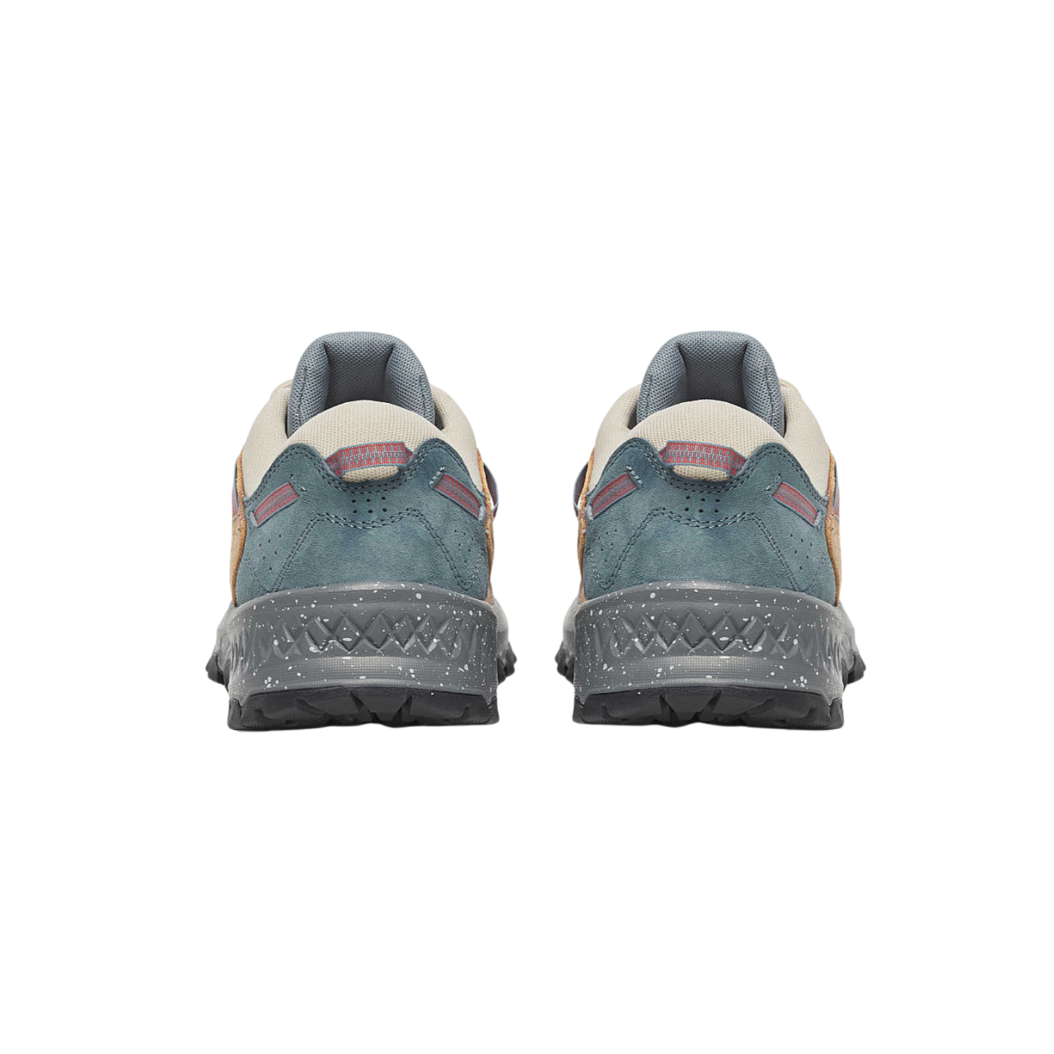 tan, brown, green saucony originals men's grid peak athletic shoe with grey and black sole on a white background