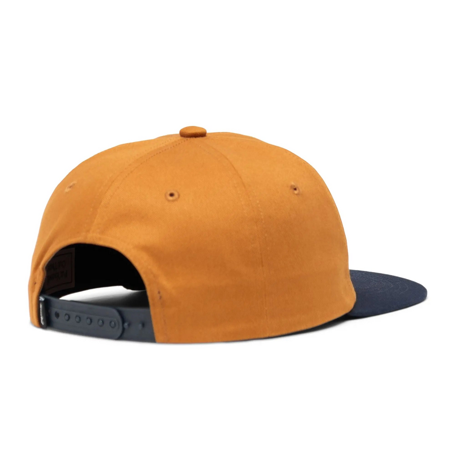 orange herschel supply co hat with navy bill and navy pennant with gold herschel in script 