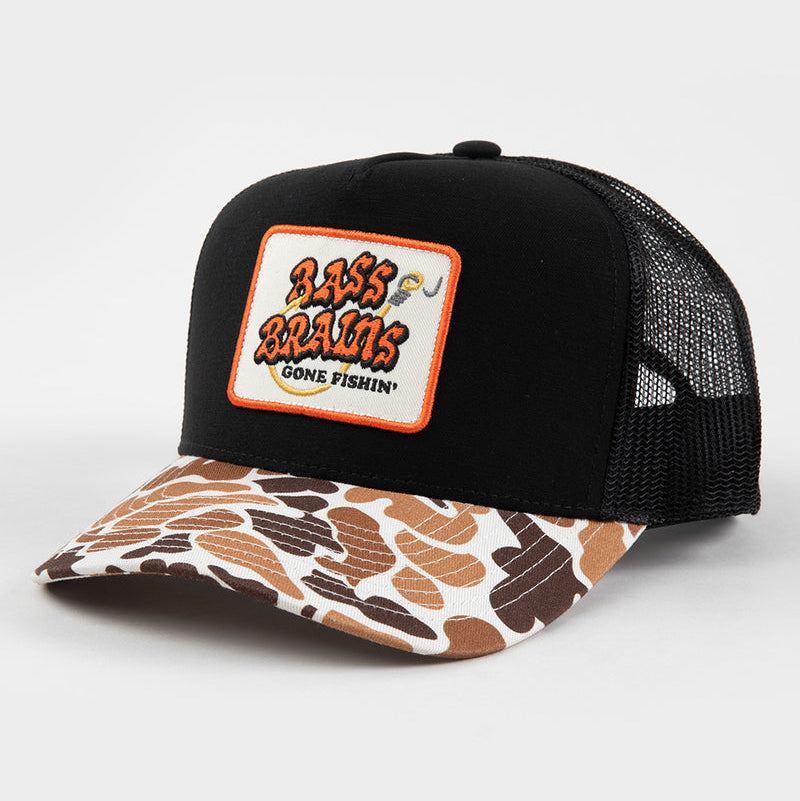 black brixton trucker hat with camo bill and bass brains gone fishin' patch on the front