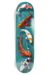 jacuzzi unlimited 8.25 skateboard deck featuring koi fish on a blue green background