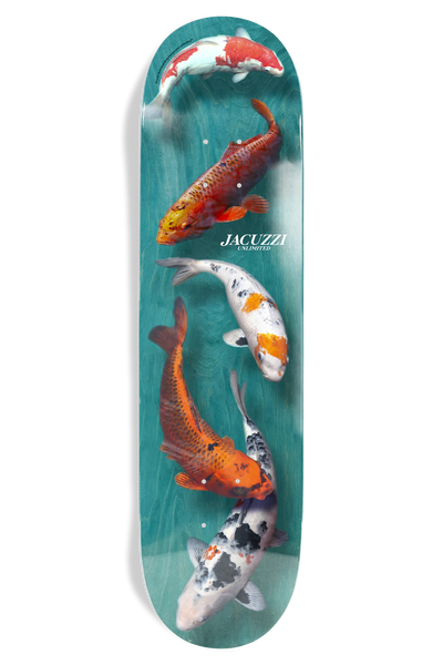 jacuzzi unlimited 8.25 skateboard deck featuring koi fish on a blue green background