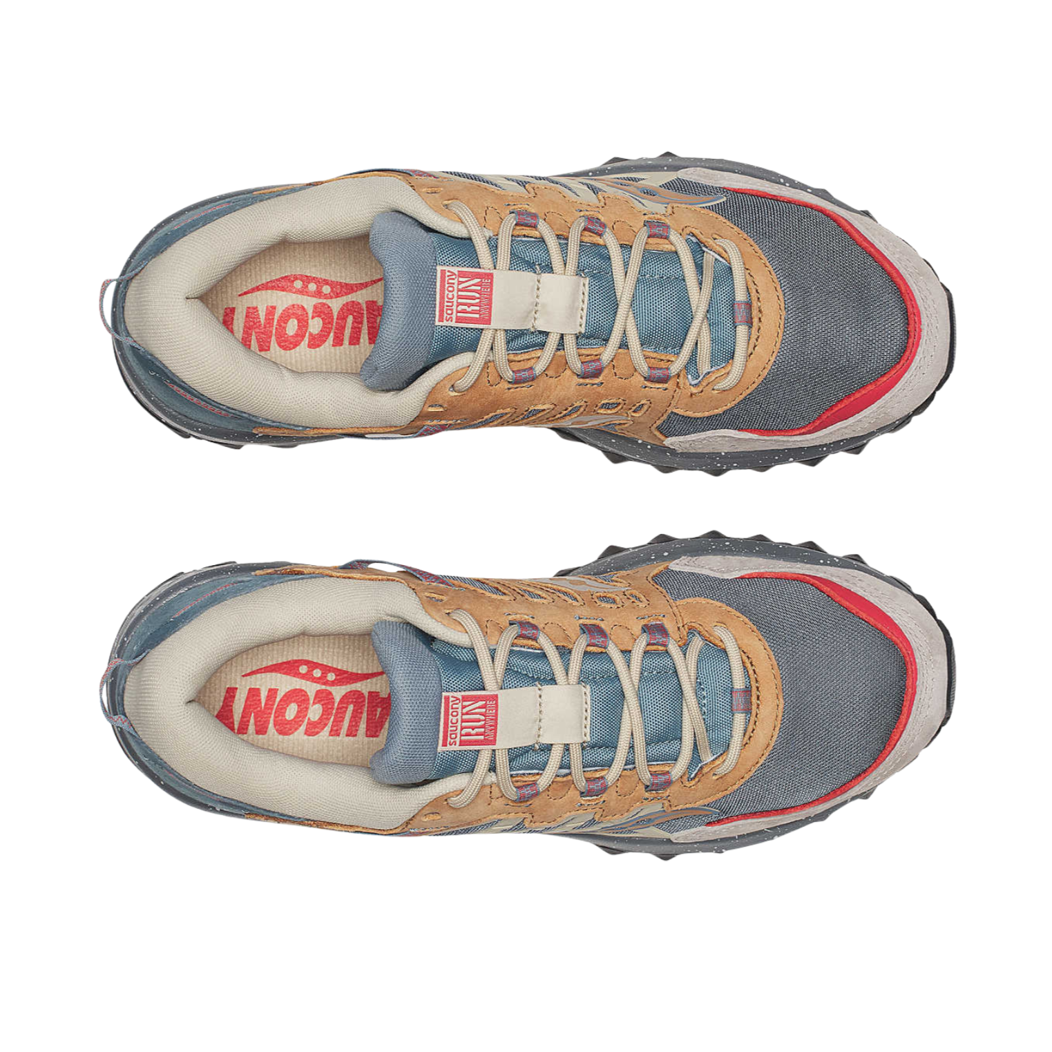 tan, brown, green saucony originals men's grid peak athletic shoe with grey and black sole on a white background