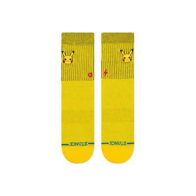 Yellow stance kids crew socks socks with a pokemon's pikachu on a white background