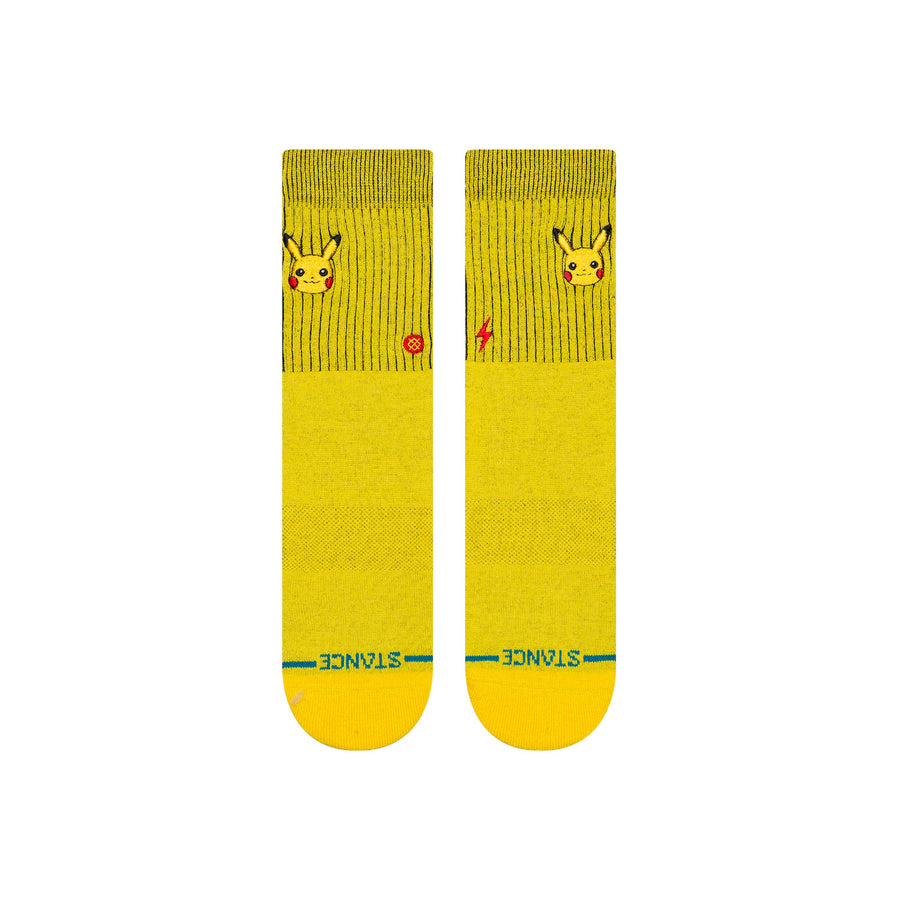 Yellow stance kids crew socks socks with a pokemon's pikachu on a white background