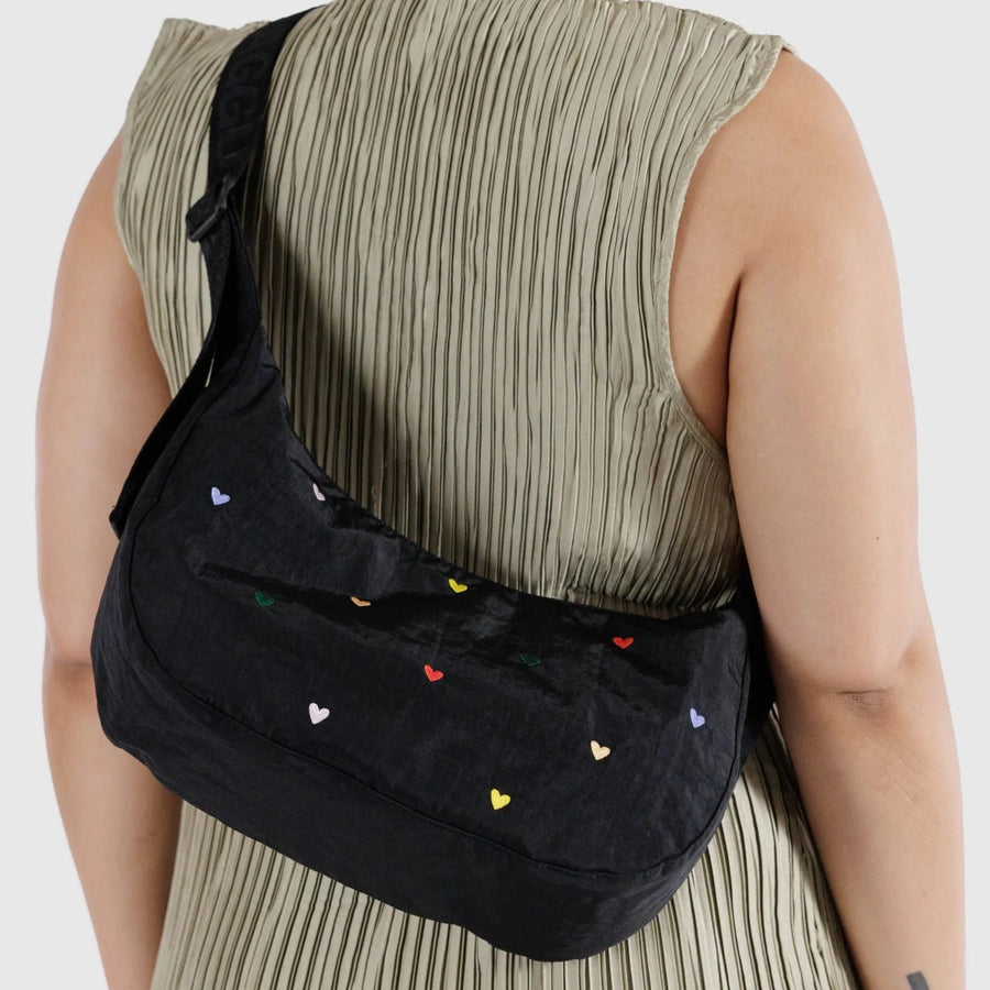 Baggu Medium Nylon Crescent Bag - Embroidered Hearts