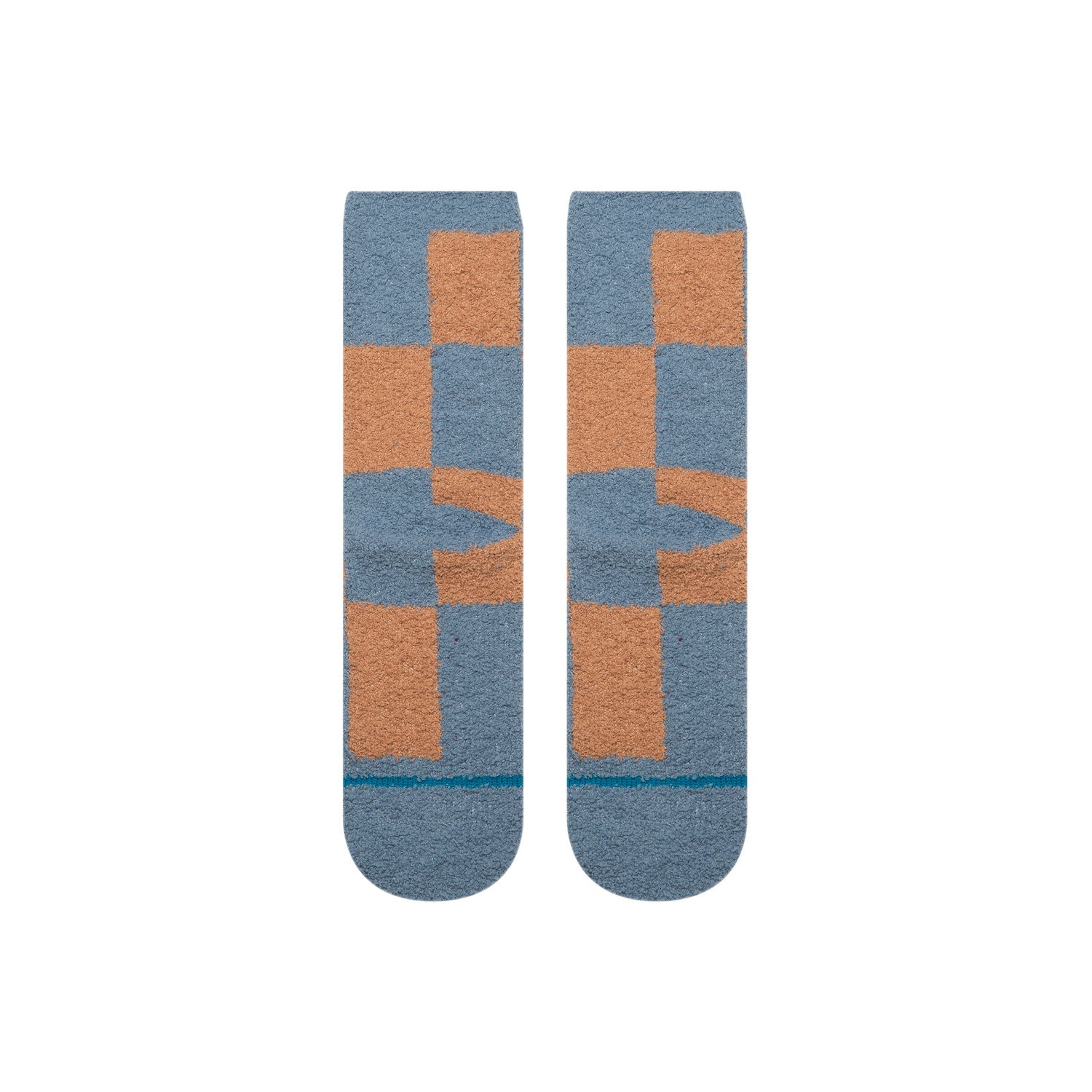 Pair of checkered stance patchwork cozy socks with blue and orange squares on a white background