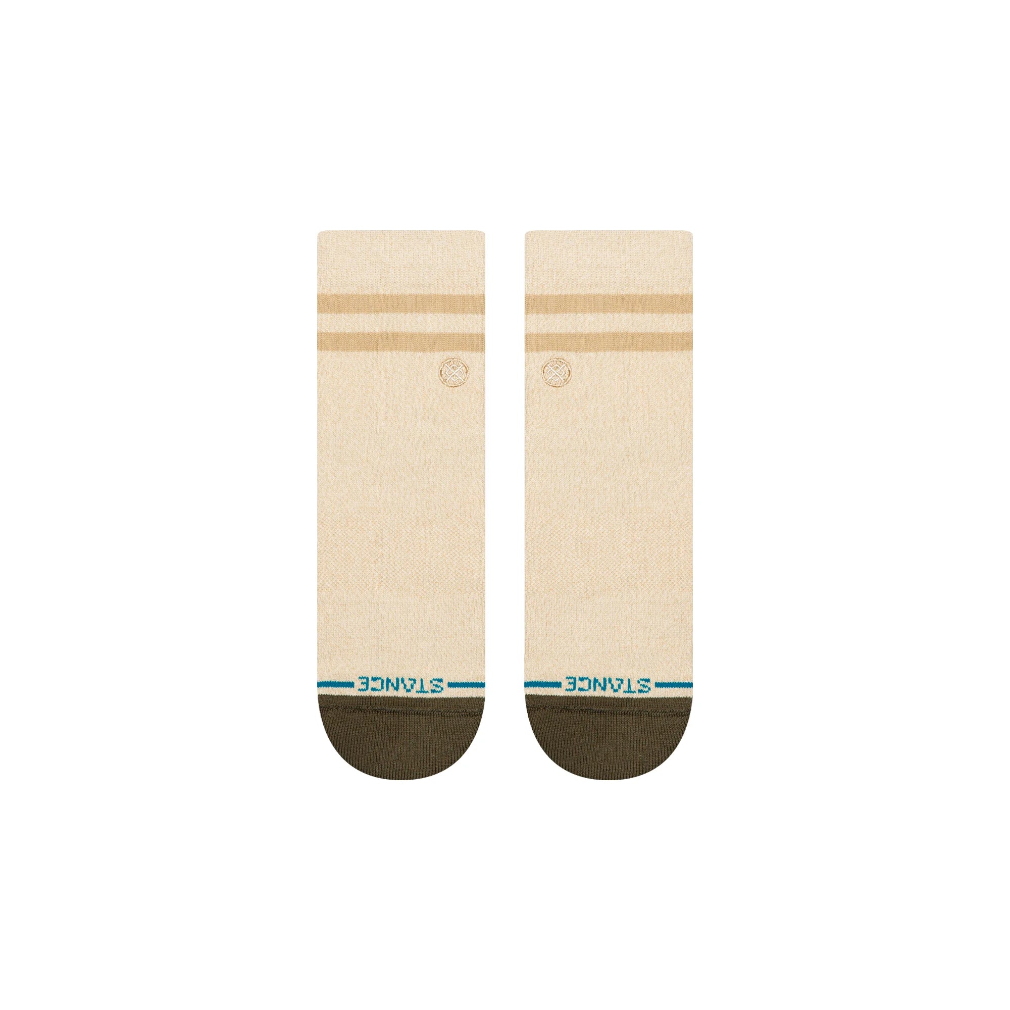 Pair of beige Stance marled quarter socks with brown accents on a white background