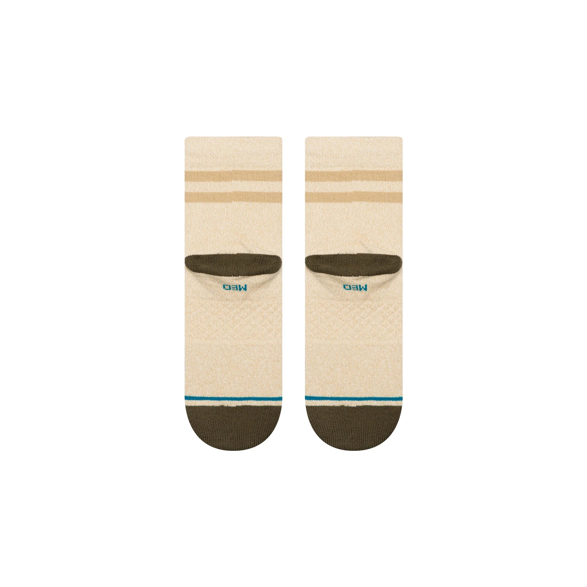 Pair of beige Stance marled quarter socks with brown accents on a white background