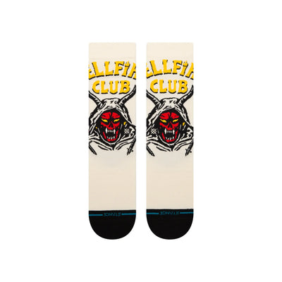 White stance x stranger things hellfire club crew socks. They say "Hellfire Club" on the front and have a depiction of a demon-like creature.