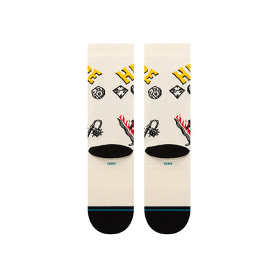 Back of white stance x stranger things hellfire club crew socks. The toes and heels are black.