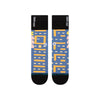 Front view of socks with a Pac-Man maze-like pattern on it, complete with Pac-Man and three ghosts