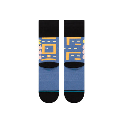 Back view of socks with a Pac-Man maze-like pattern on it, complete with Pac-Man and three ghosts. The bottoms are blue and the heels and toes are black.