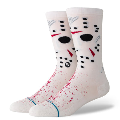 stance jason voorhees from friday the 13th crew socks that are white with his mask and blood spatter