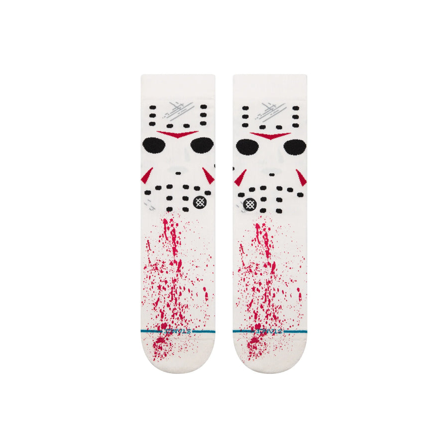 stance jason voorhees from friday the 13th crew socks that are white with his mask and blood spatter