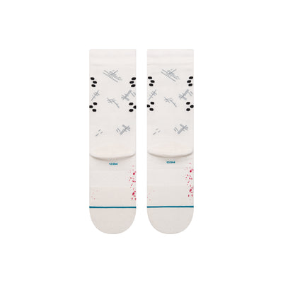 stance jason voorhees from friday the 13th crew socks that are white with his mask and blood spatter