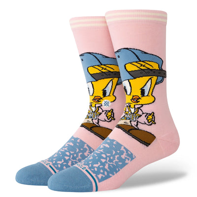 pink Stance X Looney Tunes women's crew socks featuring Tweety BIrd