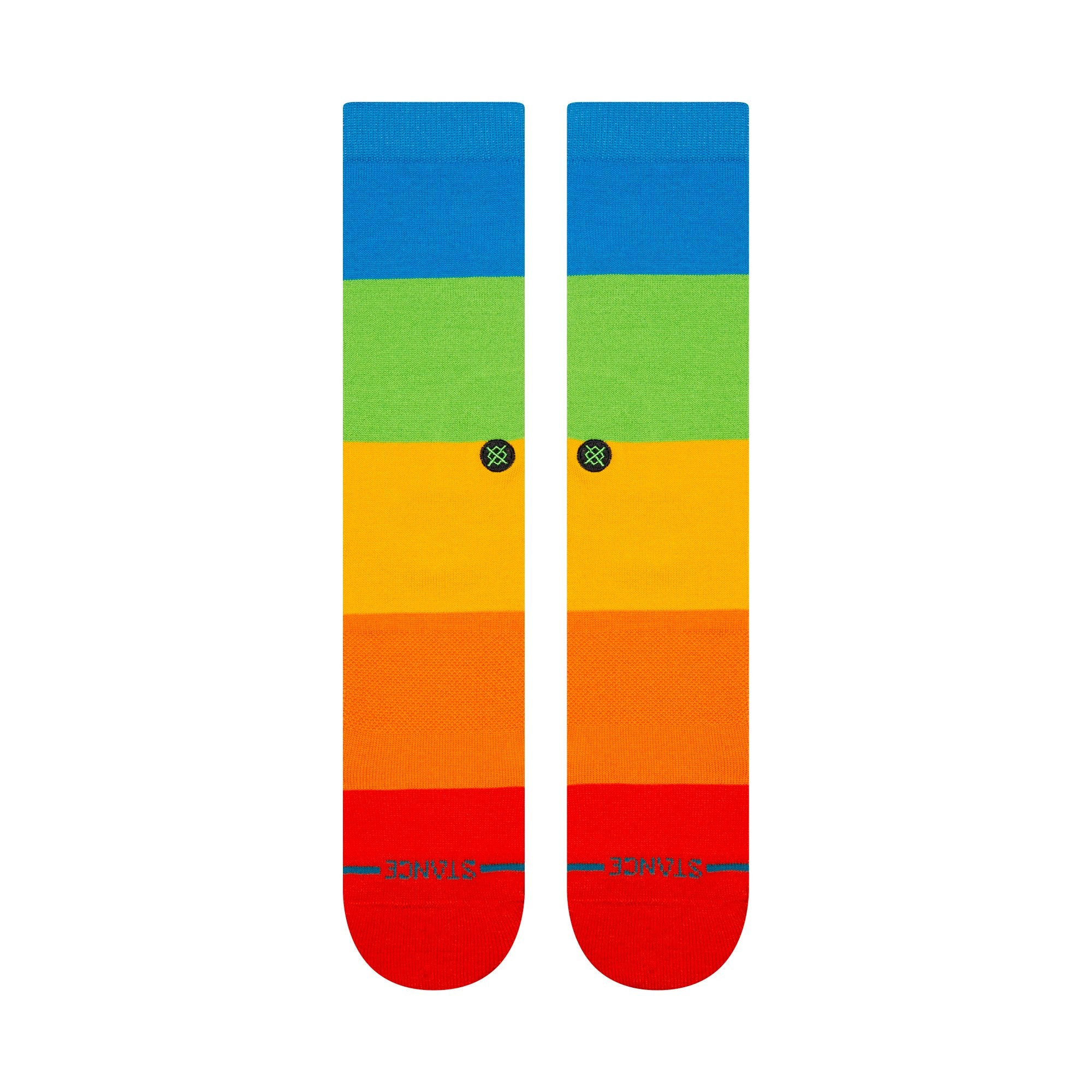 Colorful stance socks with blue, green, orange, and red design on a white background