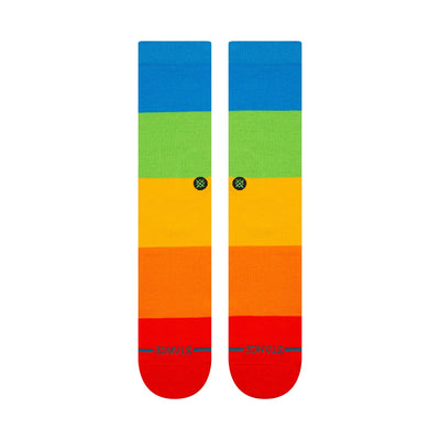 Colorful stance socks with blue, green, orange, and red design on a white background