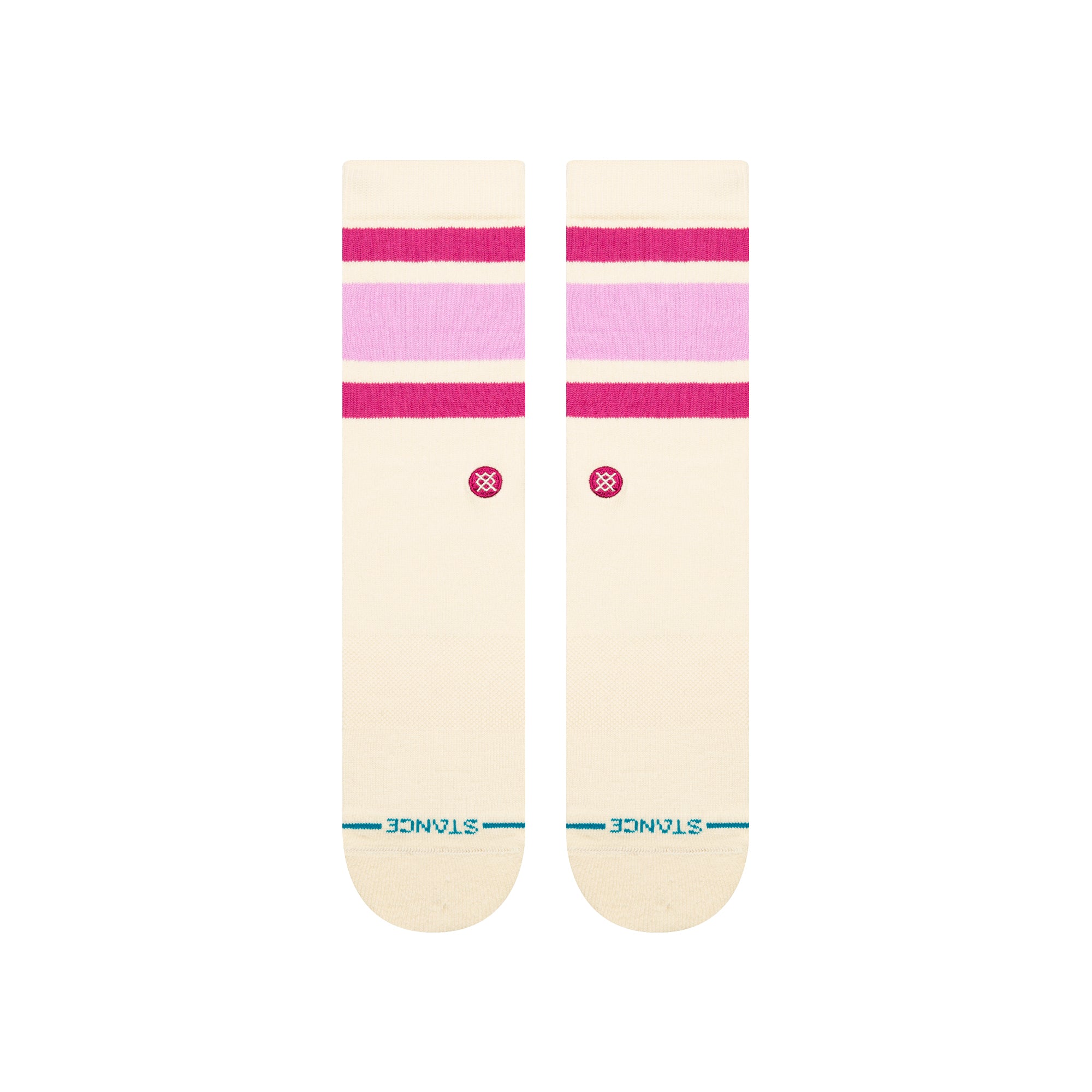 pink striped women's stance socks on an off white crew sock