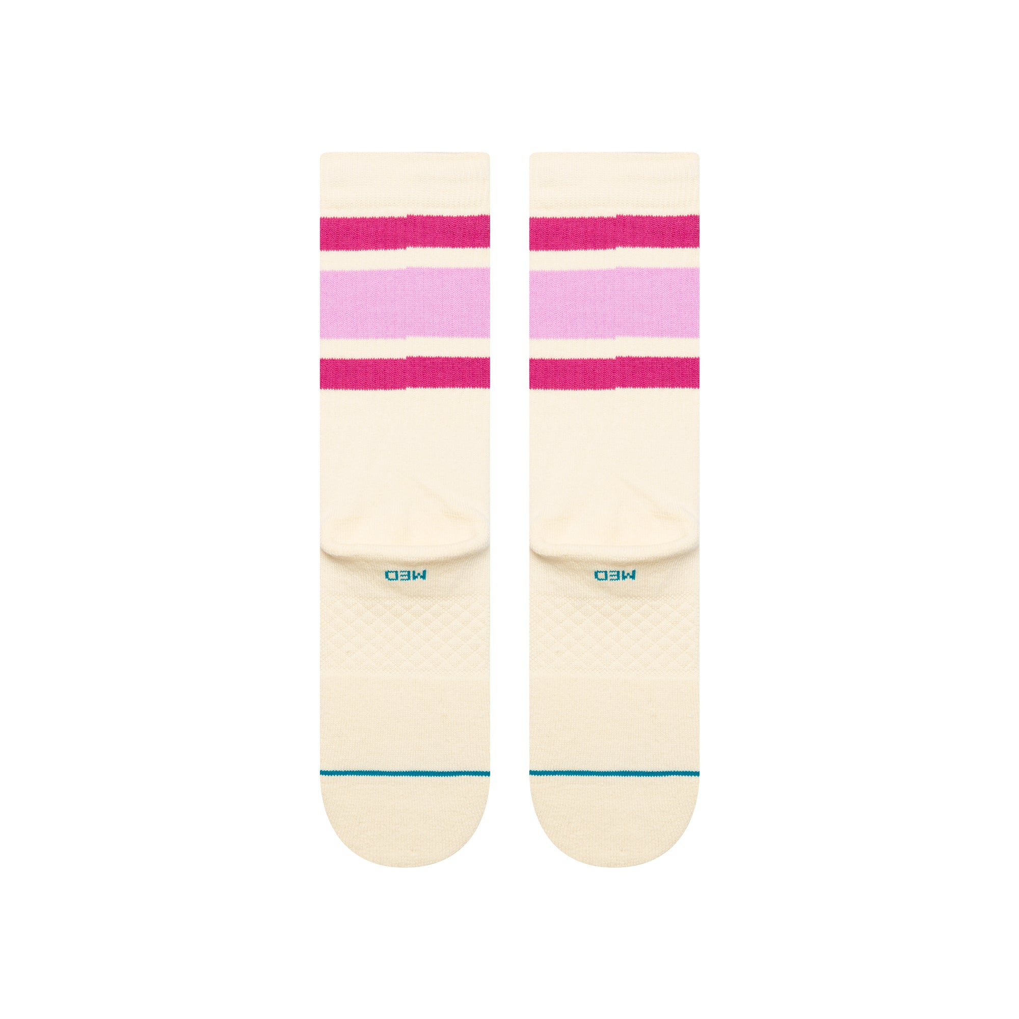 pink striped women's stance socks on an off white crew sock