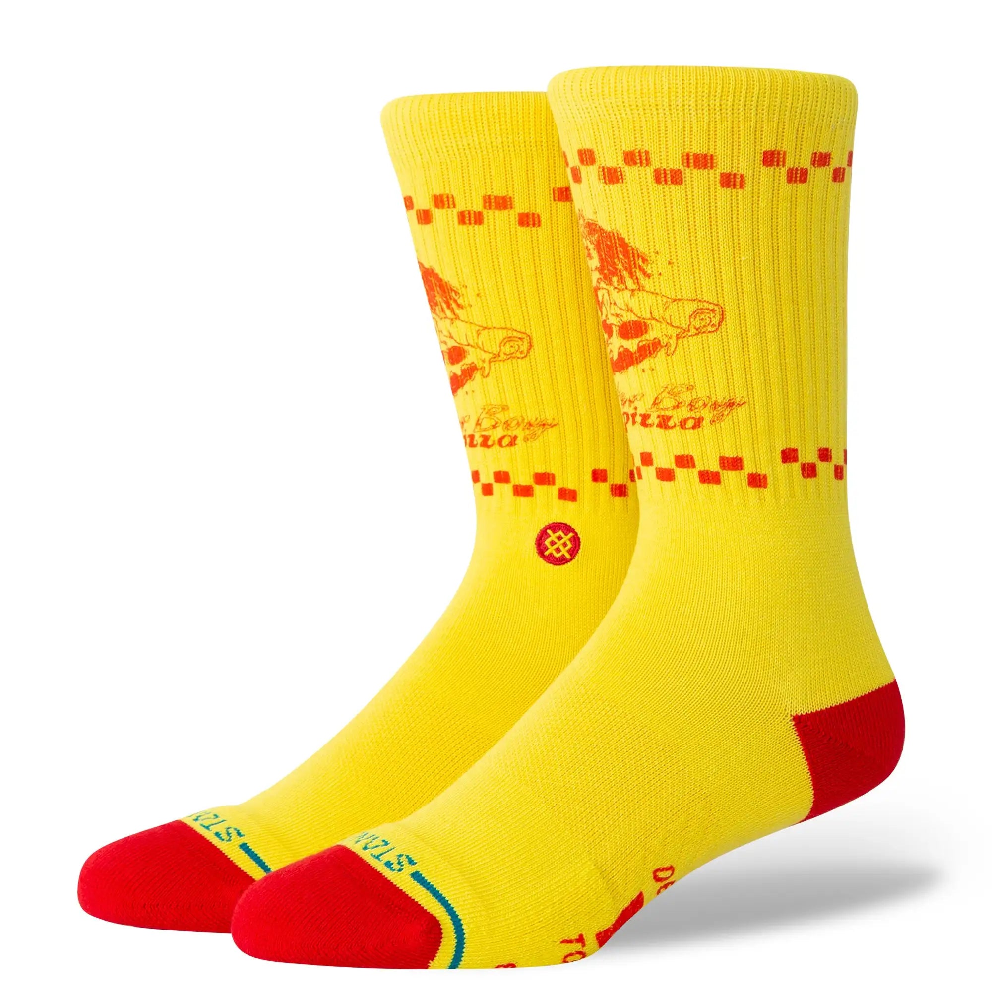 Yellow stance x stranger things surfer boy pizza crew socks with red heels and toes.