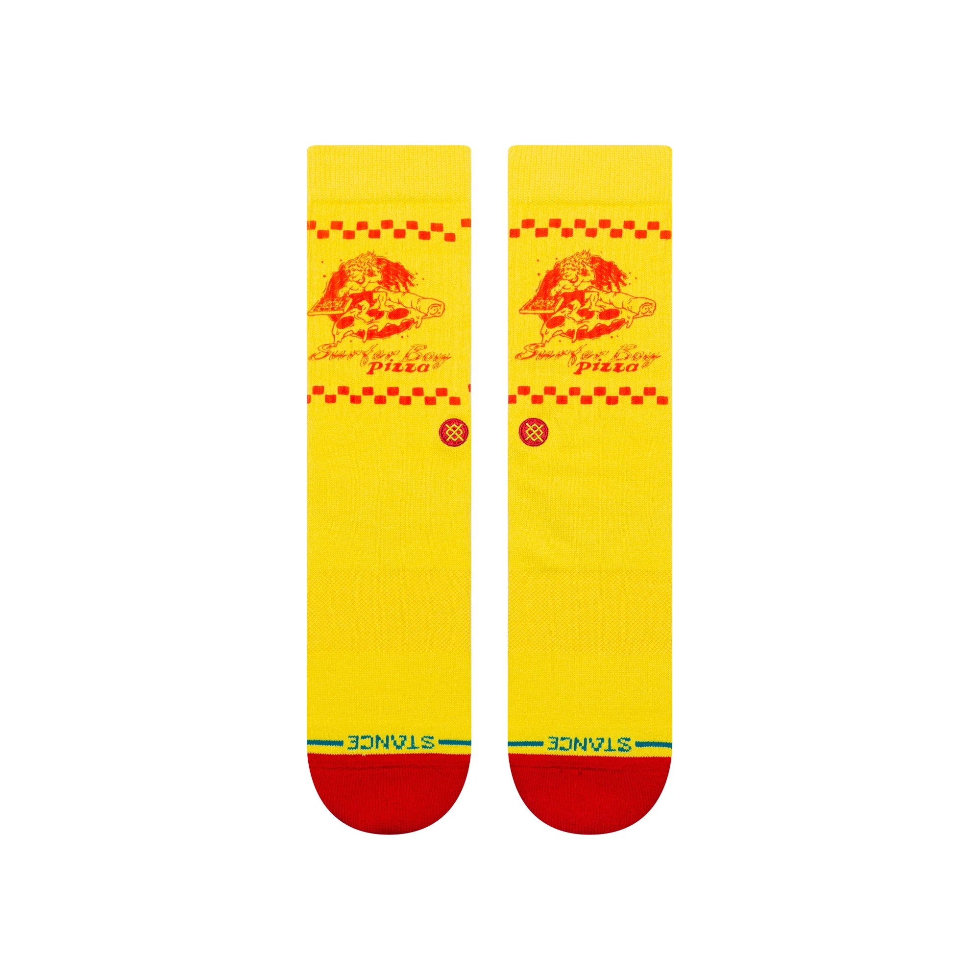Yellow stance x stranger things surfer boy pizza crew socks with a "surfer boy pizza" logo on the front.