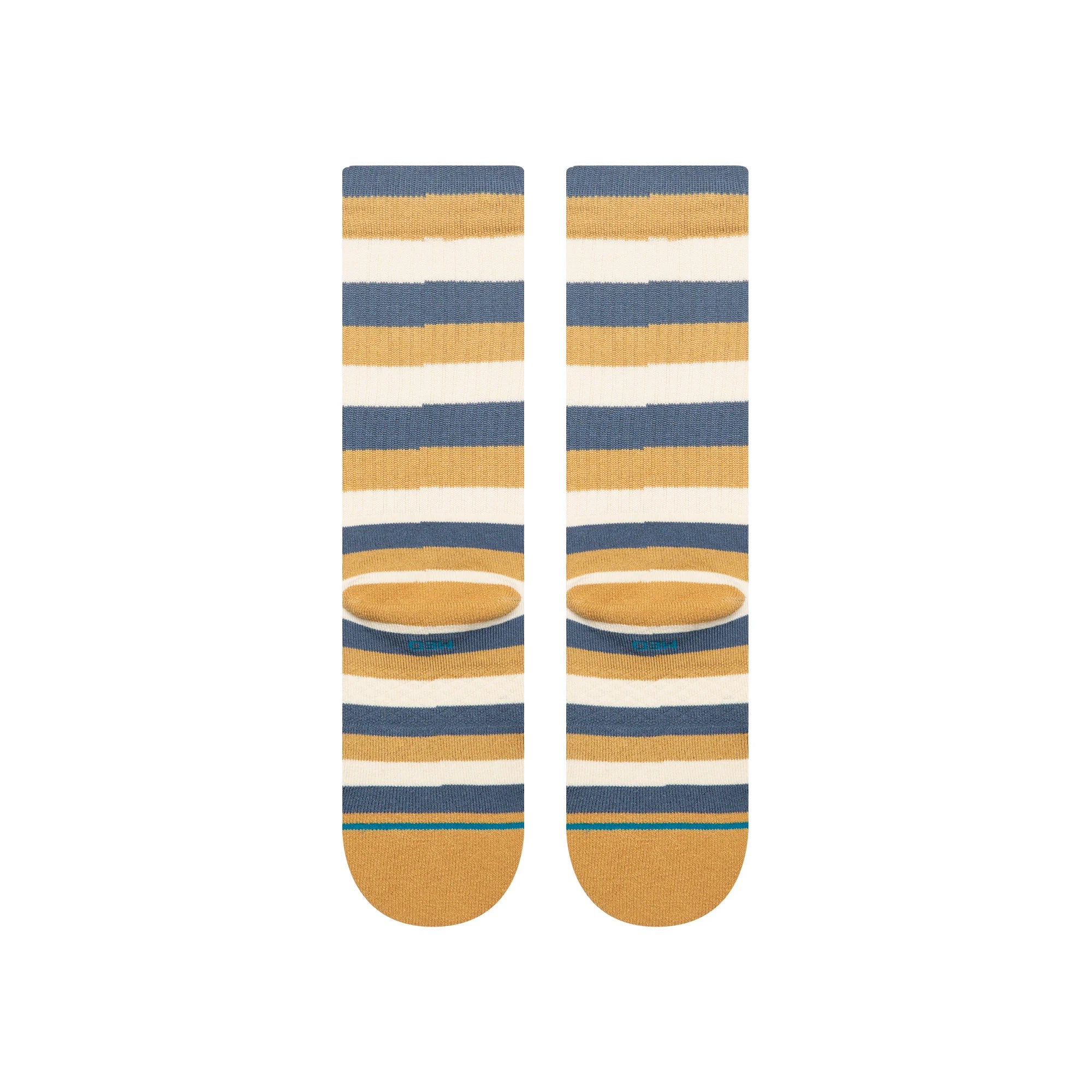 Pair of striped stance butterblend hiland socks with blue, yellow, and white colors on a white background