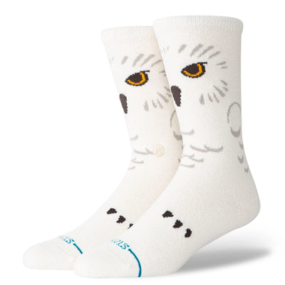 white stance men's socks featuring hedwig the owl from harry potter