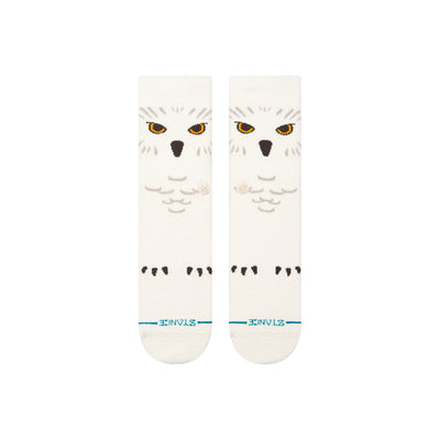 white stance men's socks featuring hedwig the owl from harry potter