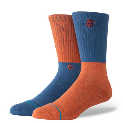 blue and orange alternating block pattern stance cotton crew socks