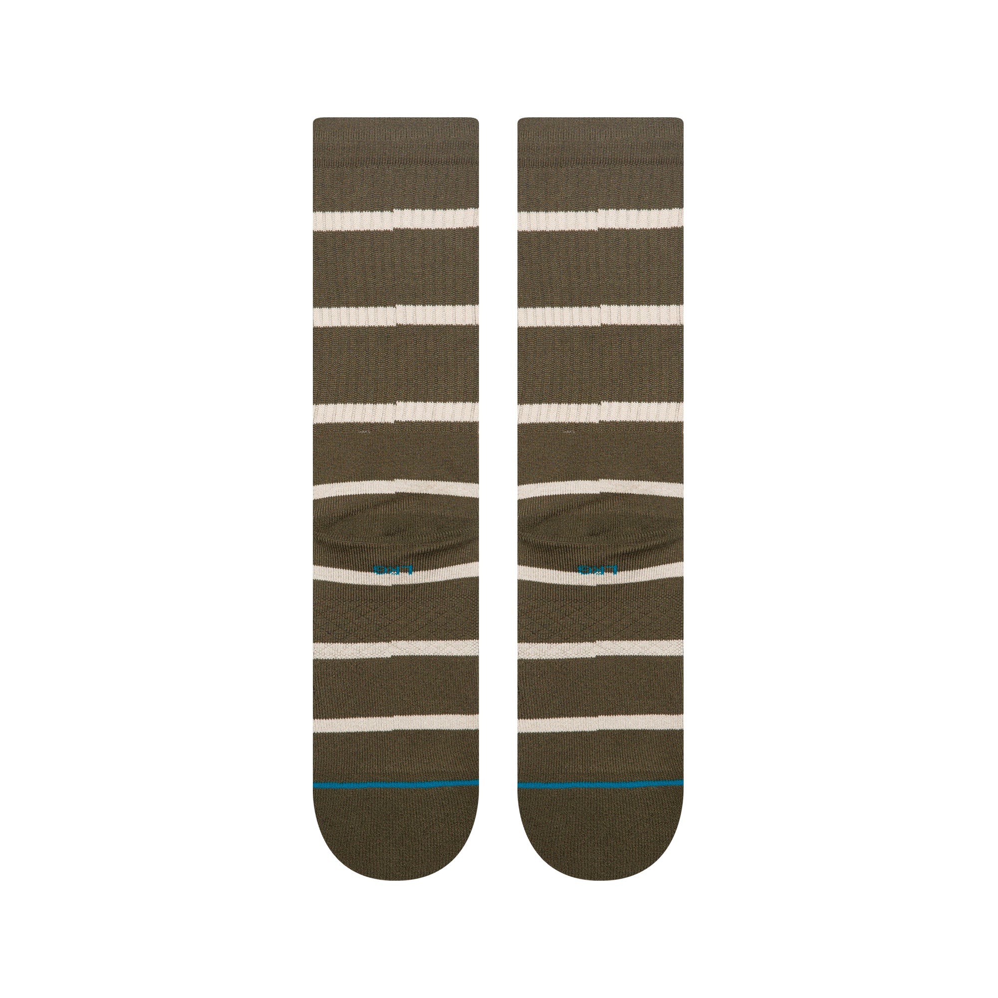 Pair of green stance butter blend crew socks with white stripes on a white background