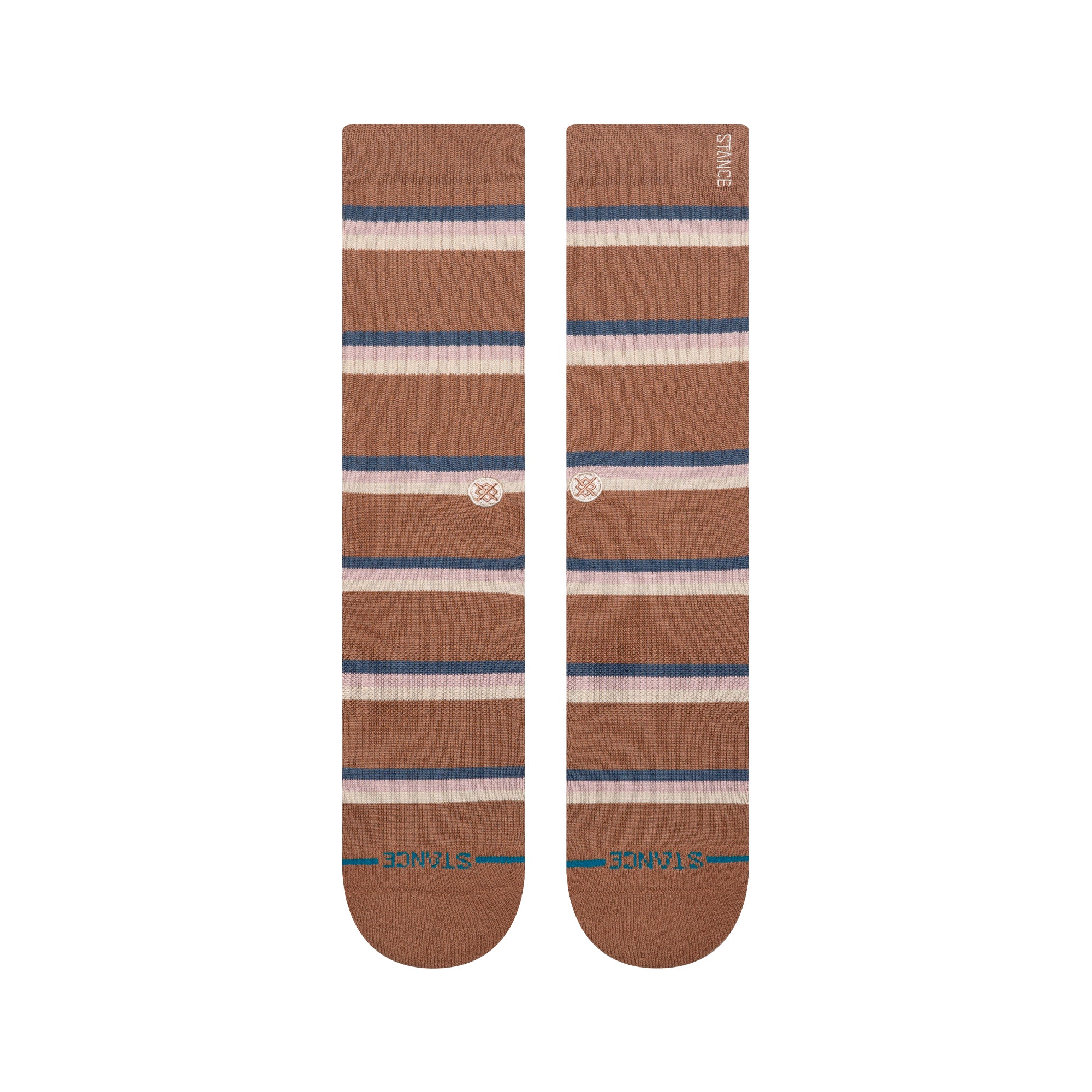 Pair of brown striped stance butter blend socks with a visible brand logo on a white background