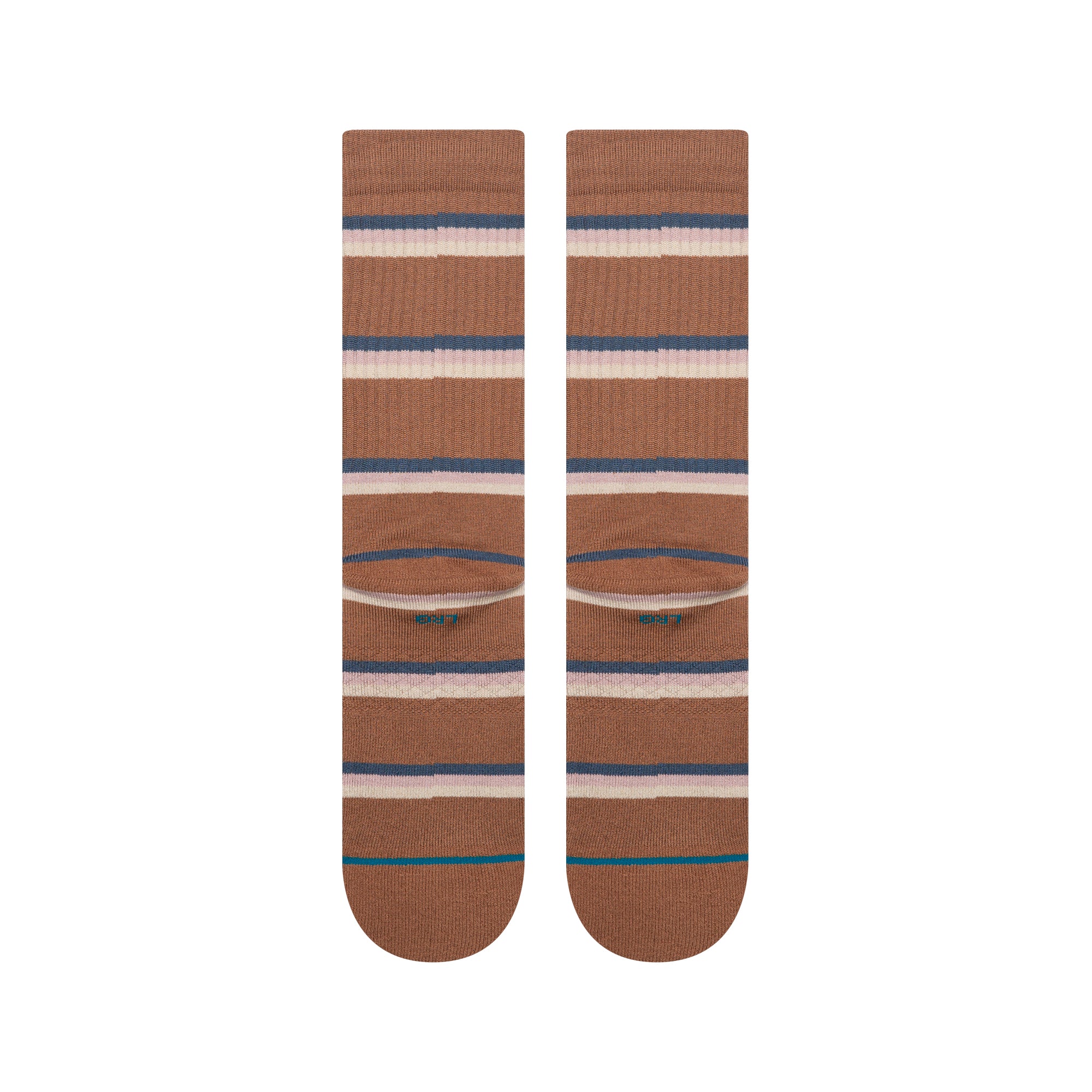 Pair of brown striped stance butter blend socks with a visible brand logo on a white background