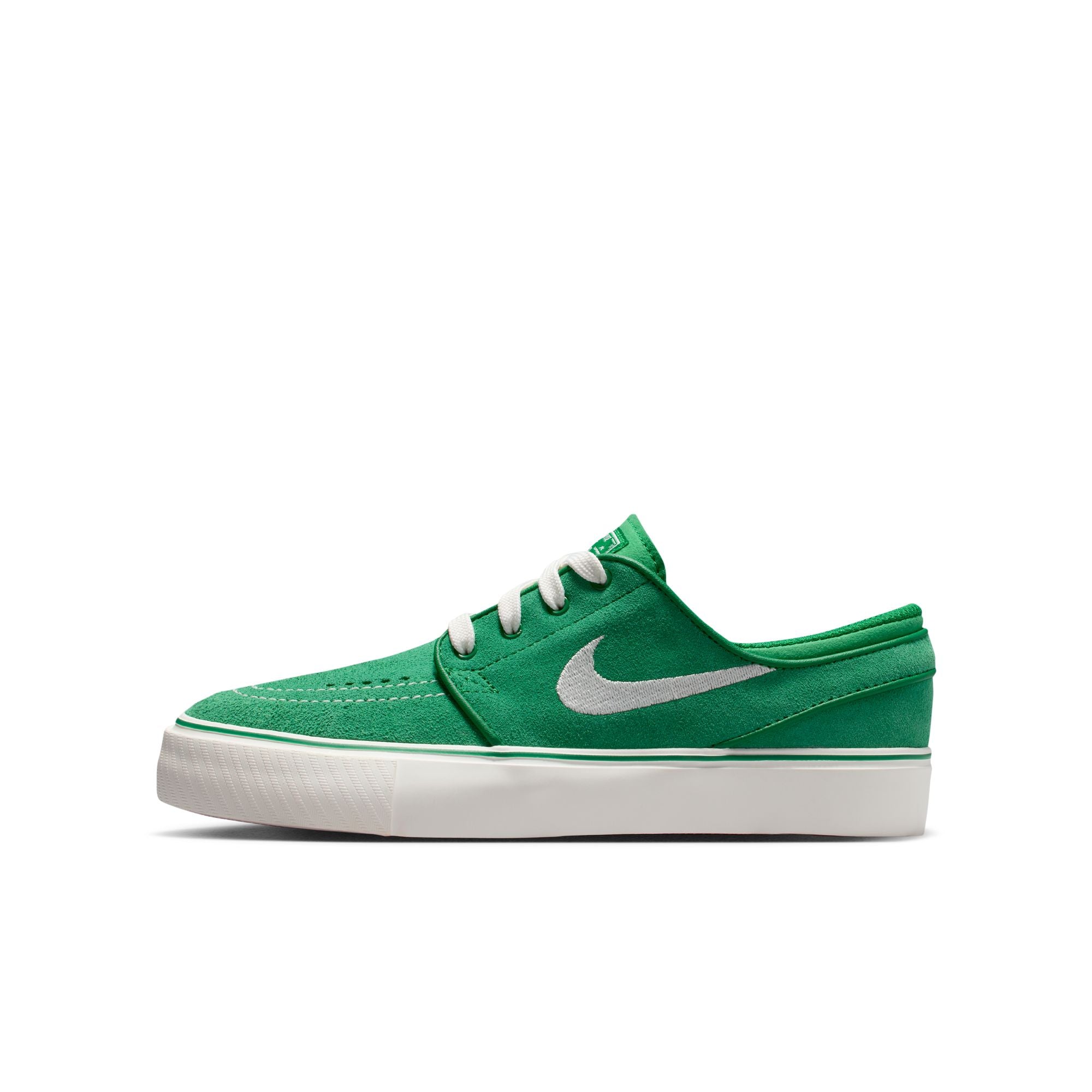 Green big kids janoski sneaker with white Nike logo on a white background