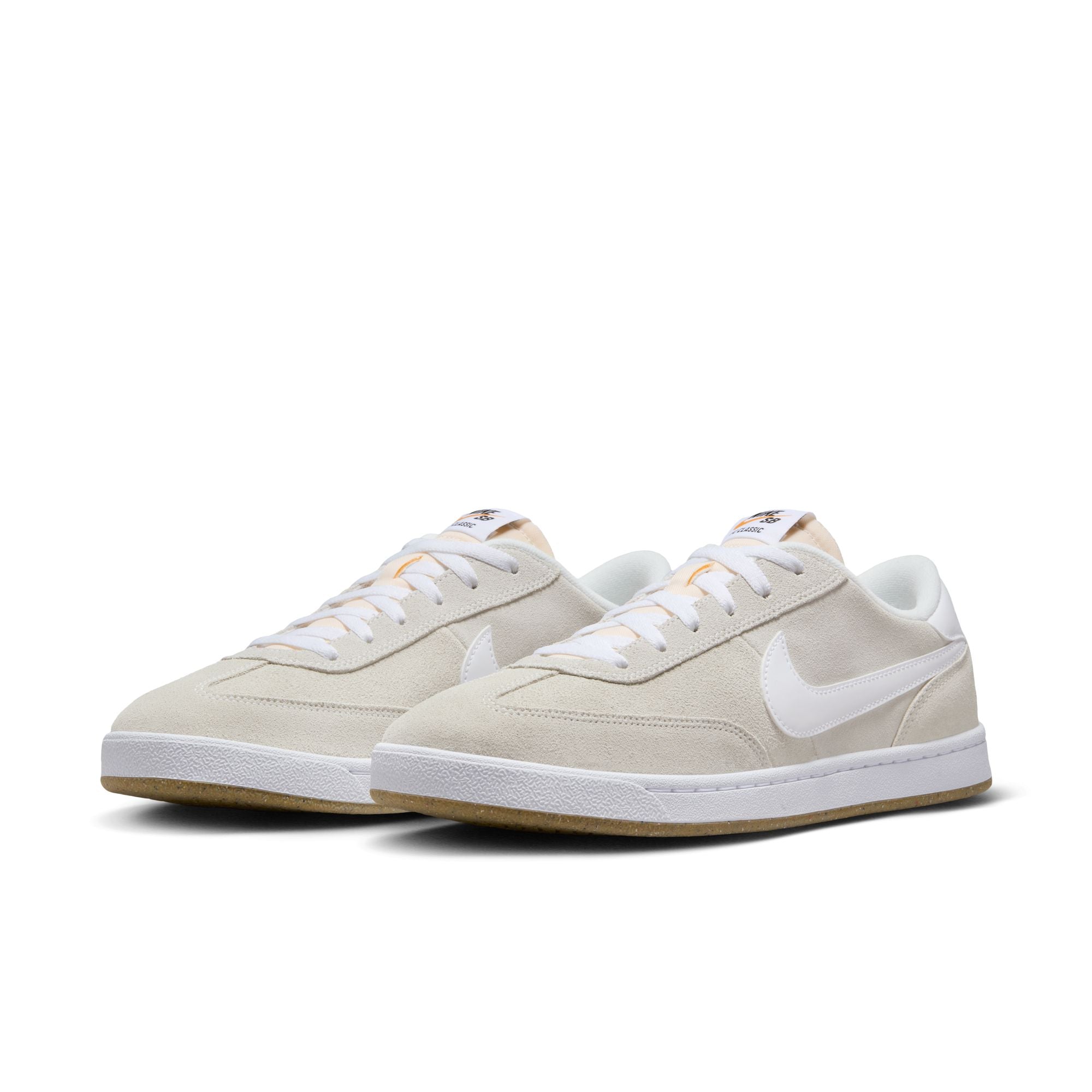 tan men's and women's nike sb FC Classic skateboard shoes with white sole and white swoosh