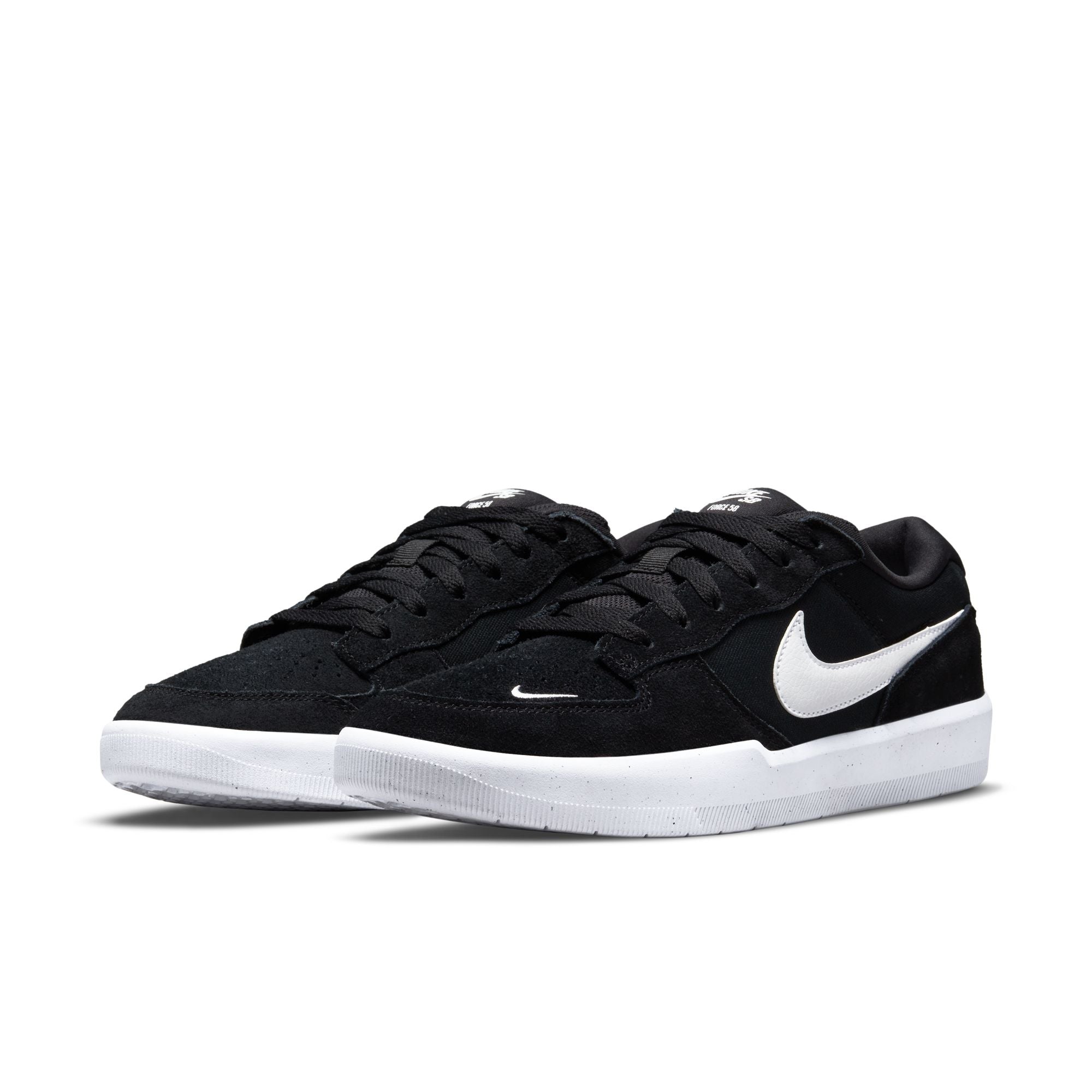 black nike sb men's force 58 skateboard shoe with white swoosh and sole