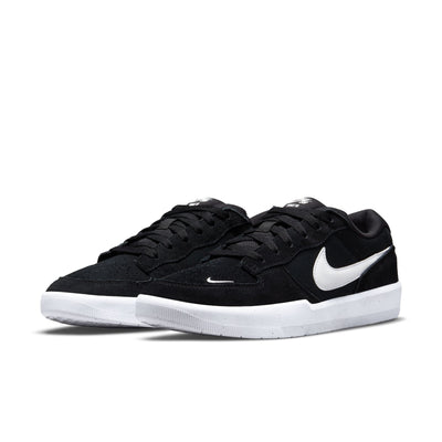 black nike sb men's force 58 skateboard shoe with white swoosh and sole