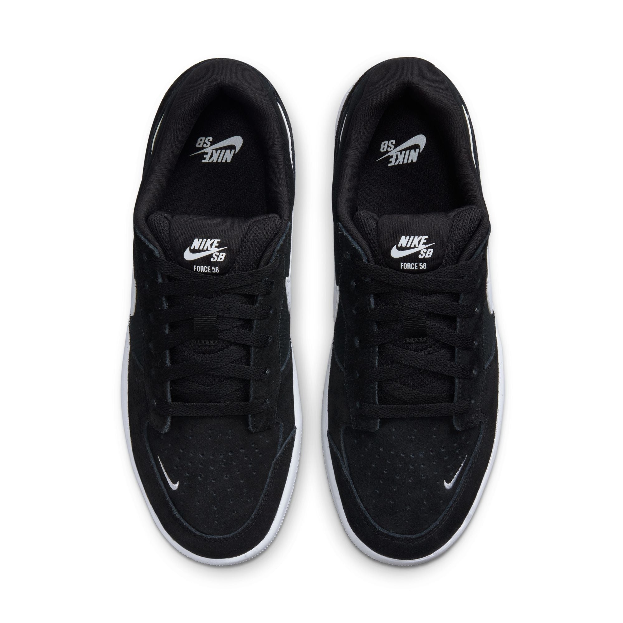 black nike sb men's force 58 skateboard shoe with white swoosh and sole