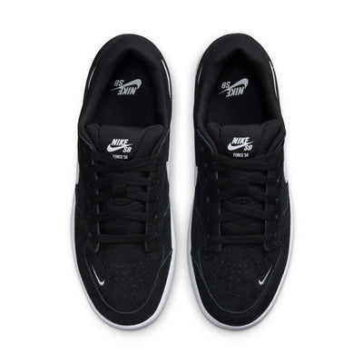 black nike sb men's force 58 skateboard shoe with white swoosh and sole