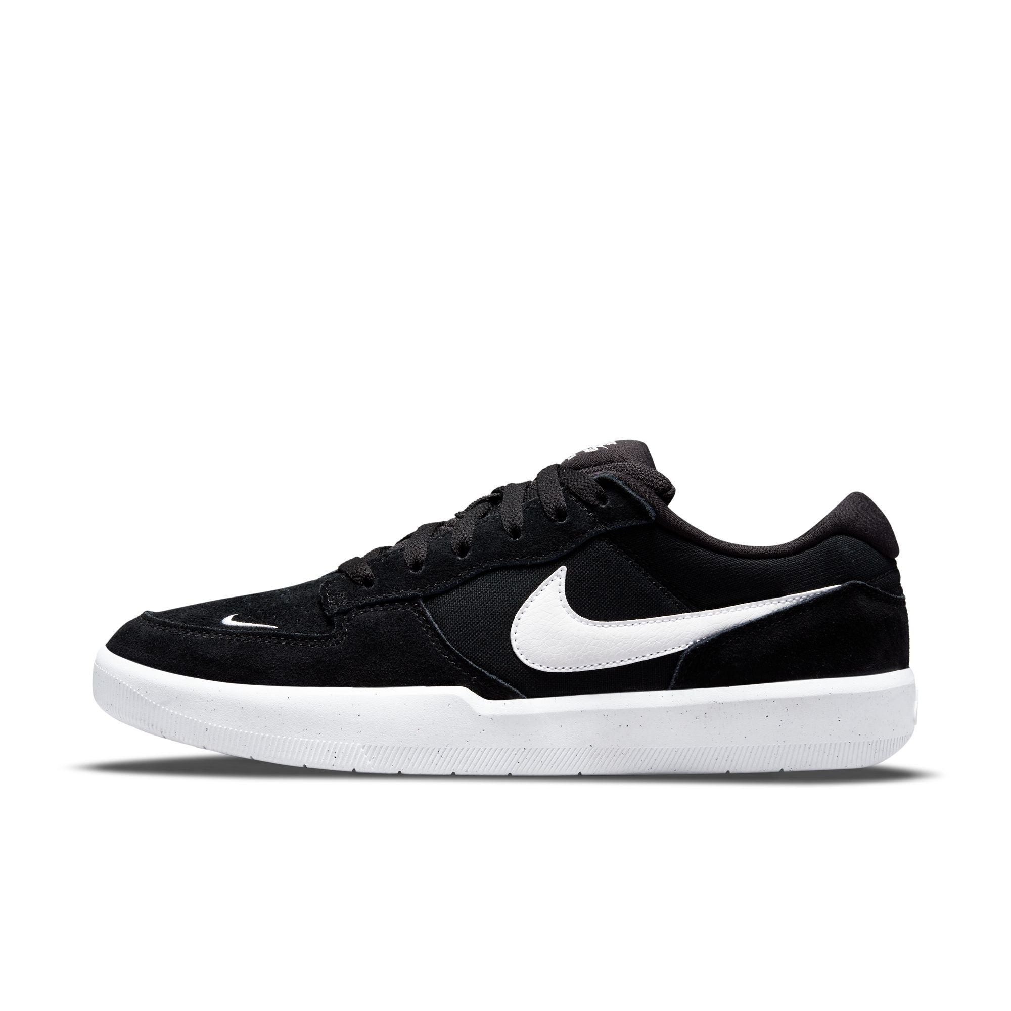 black nike sb men's force 58 skateboard shoe with white swoosh and sole