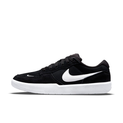 black nike sb men's force 58 skateboard shoe with white swoosh and sole