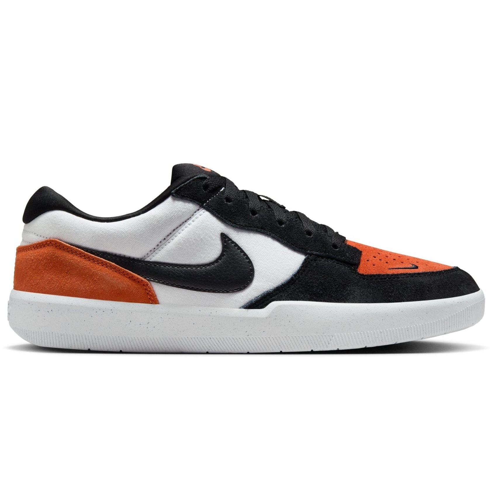 red, black and white nike sb men's force 58 skateboard shoes with speckled white sole