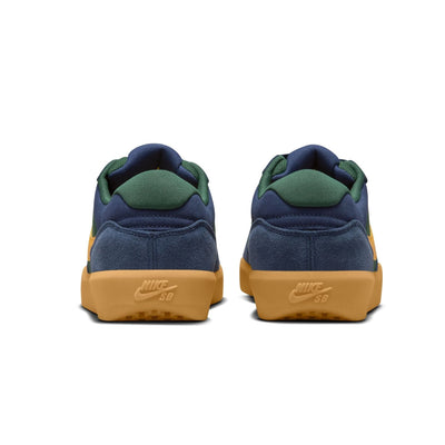 navy blue and green nike sb force 58 men's skateboard shoe with golden yellow nike swoosh and gum sole