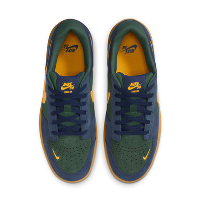 navy blue and green nike sb force 58 men's skateboard shoe with golden yellow nike swoosh and gum sole